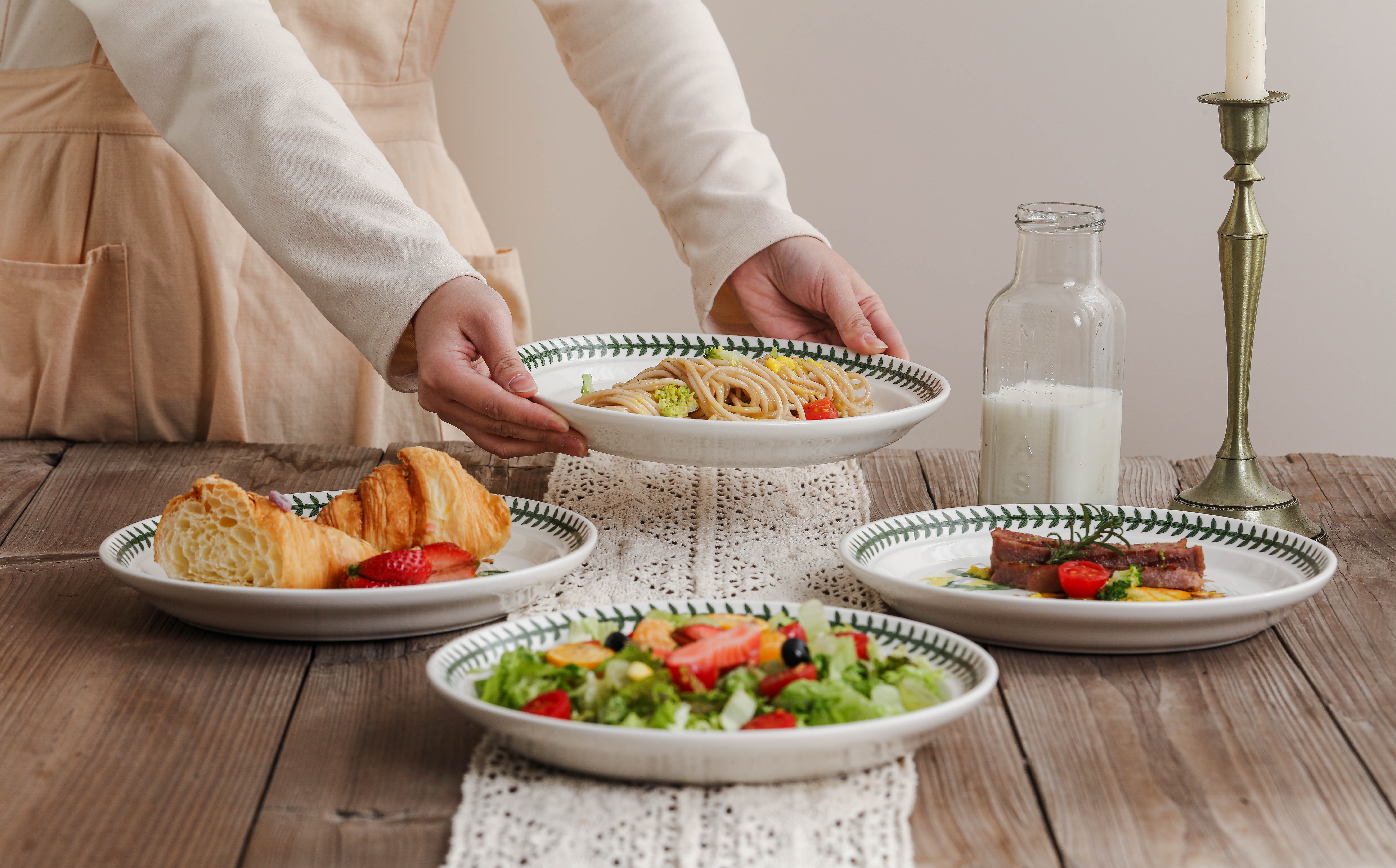 Porter Meilin square plate held in a breakfast scene