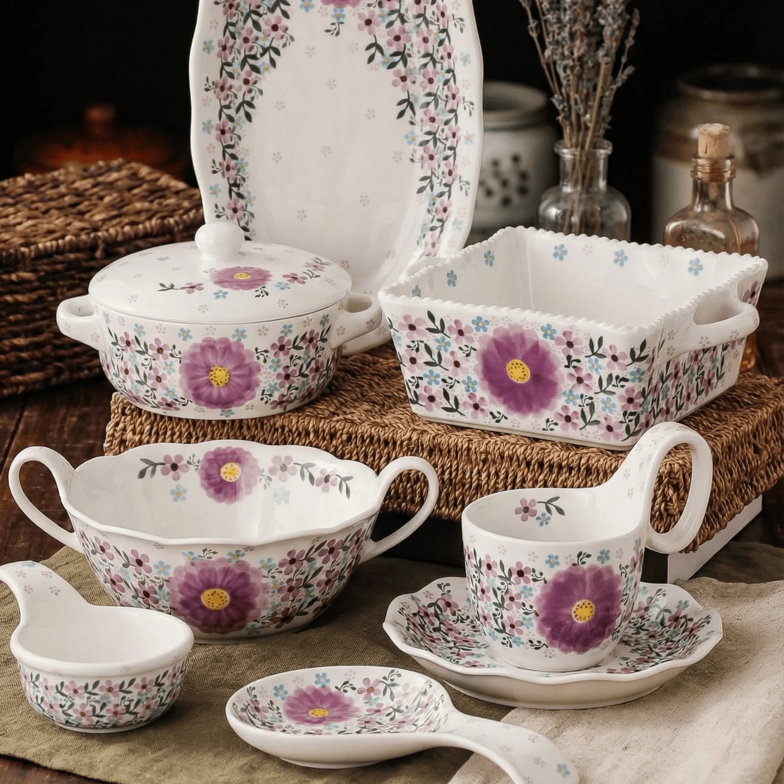 HongDian purple floral ceramic collection in a warm home setting