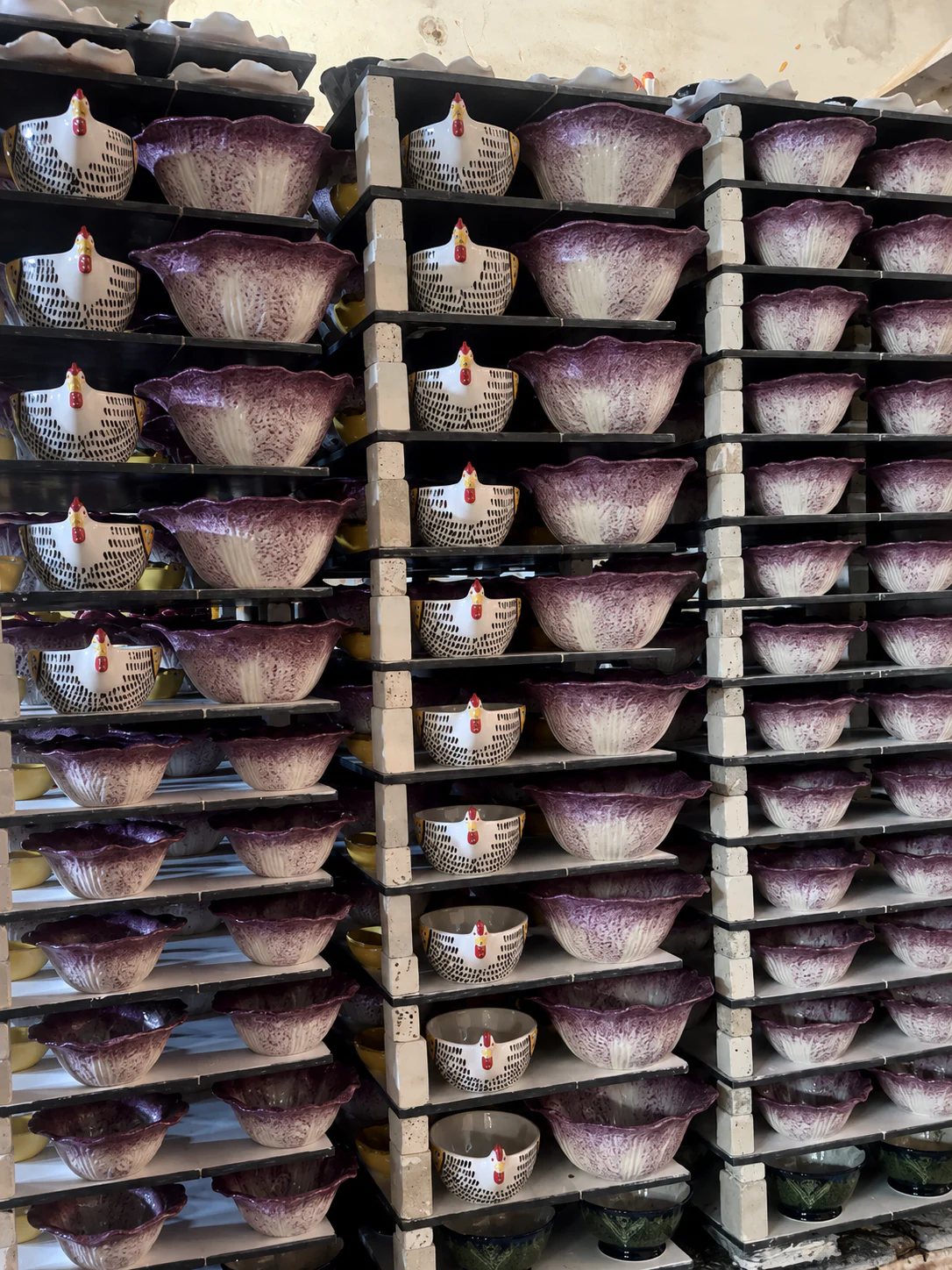 HongDian ceramic pieces arranged on kiln racks