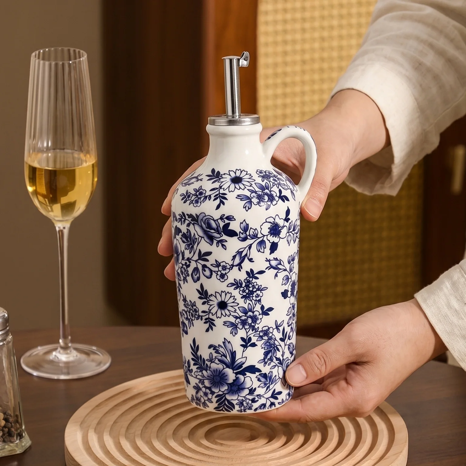 Blue Floral Oil Bottle - Cobalt garden