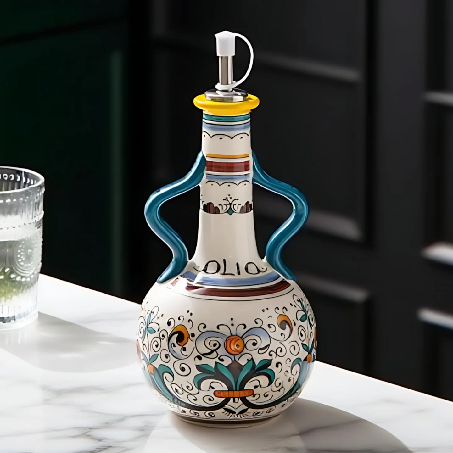 Deruta Style Oil Bottle - Teal ochre