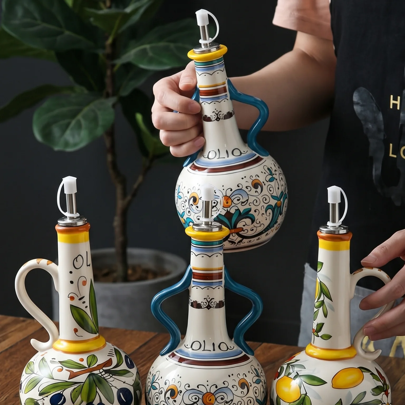 Deruta Style Oil Bottle - Mediterranean blue